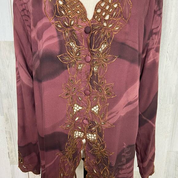 Papillon Embroidered Blouse Brown Tie Dye Button Front Boho Fairy Size M - Picture 2 of 8